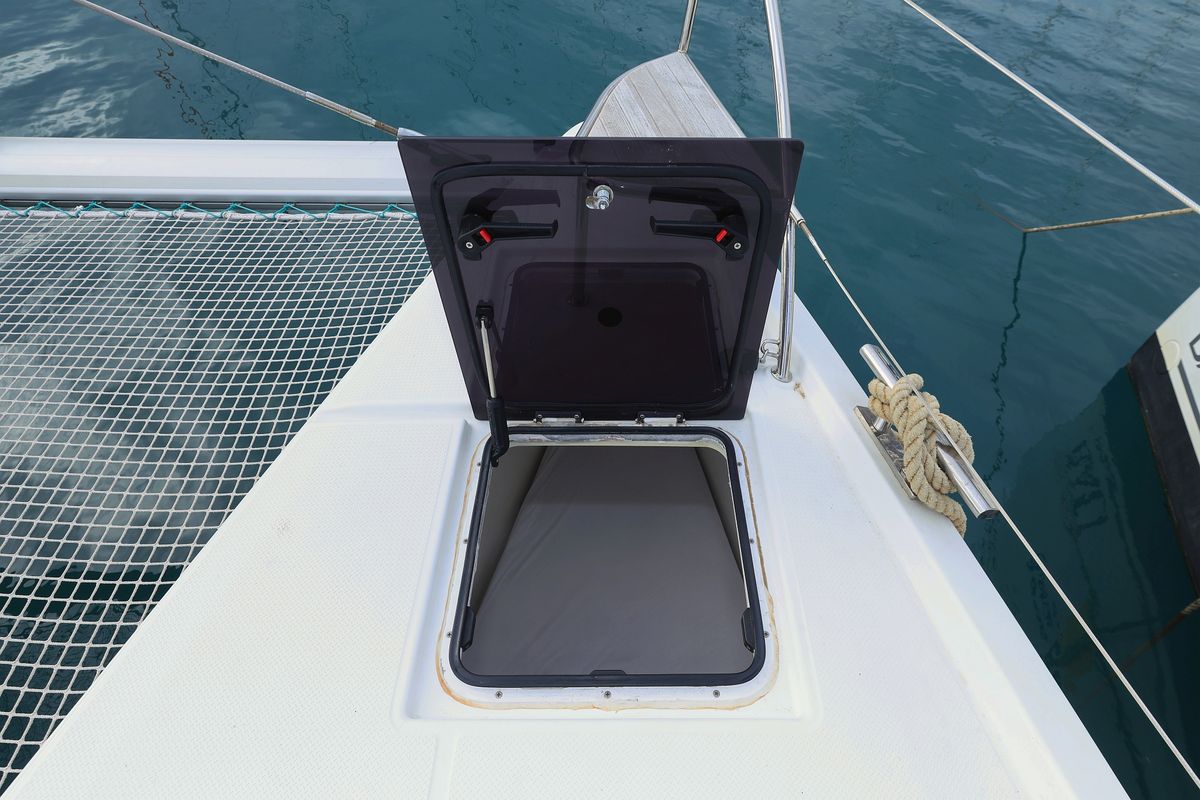 Deck of Sun Office, a Fountaine Pajot Elba 45 catamaran at Grad Trogir, Croatia