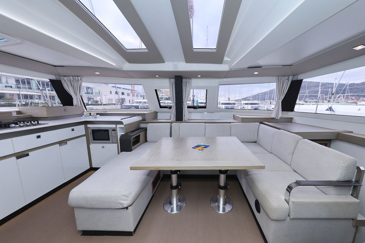 Salon of Sun Office, a Fountaine Pajot Elba 45 catamaran at Grad Trogir, Croatia