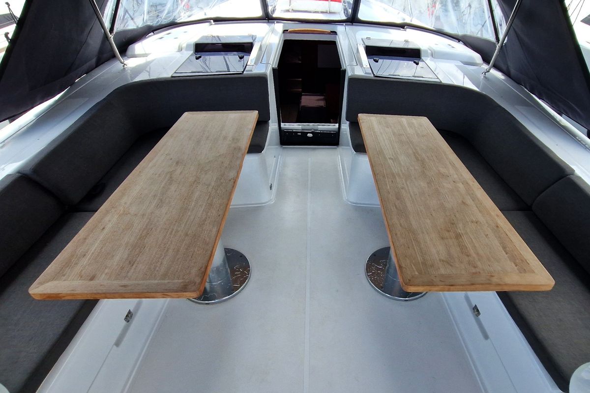 Deck of Moby Dick, a Hanse Yachts Hanse 508 sailboat at Lavreotiki Municipal Unit, Greece