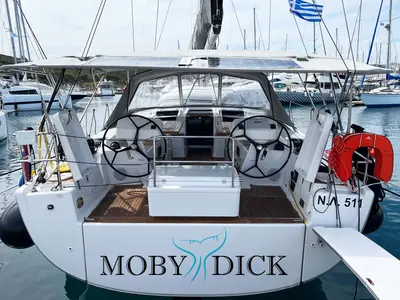 Cockpit of Moby Dick, a Hanse Yachts Hanse 508 sailboat at Lavreotiki Municipal Unit, Greece