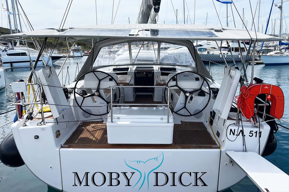 Cockpit of Moby Dick, a Hanse Yachts Hanse 508 sailboat at Lavreotiki Municipal Unit, Greece