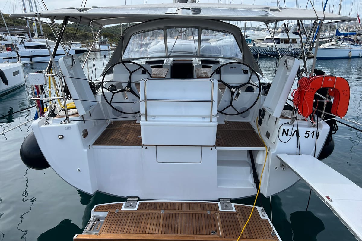 Deck of Moby Dick, a Hanse Yachts Hanse 508 sailboat at Lavreotiki Municipal Unit, Greece