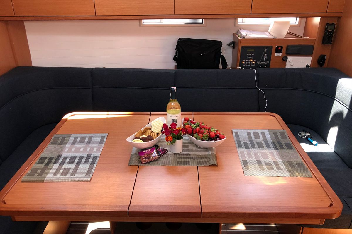 Salon of Batukaan, a Bavaria Cruiser 46 sailboat at Fethiye, Turkey