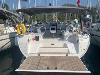 Cockpit of Batukaan, a Bavaria Cruiser 46 sailboat at Fethiye, Turkey