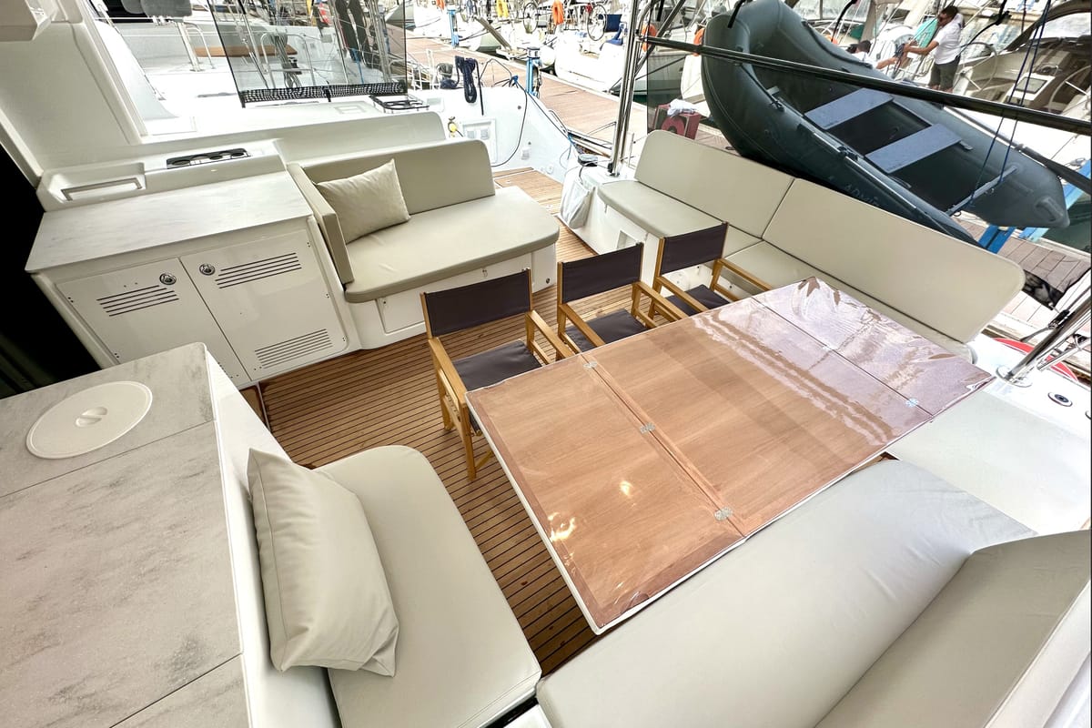 Deck of Sail Pegasus, a Lagoon 46 catamaran at Fethiye, Turkey
