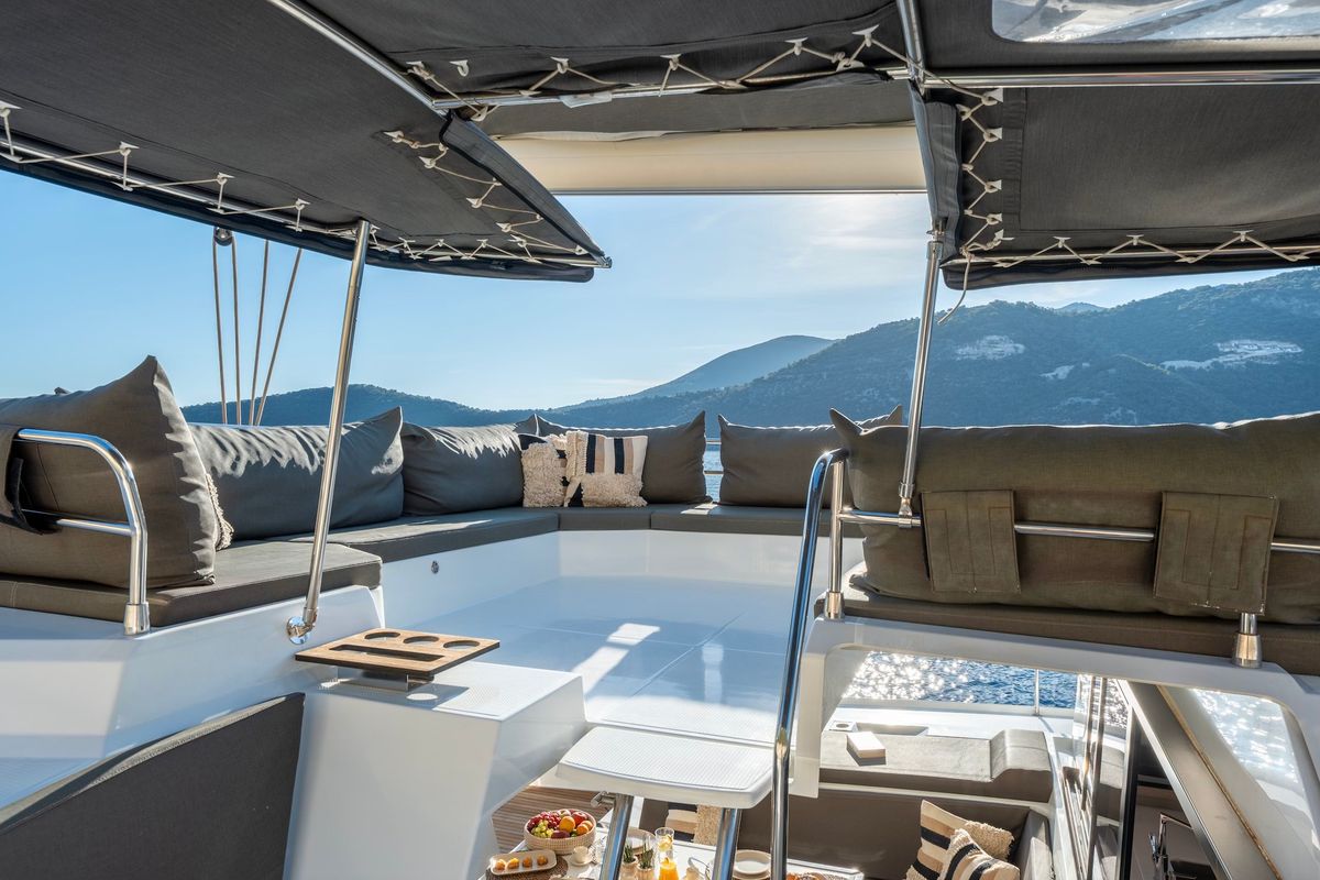 Deck of PHOEBE, a Fountaine Pajot Elba 45 catamaran at Municipal Unit of Lefkada, Greece
