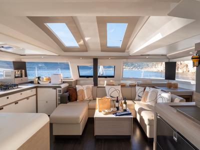 Salon of PHOEBE, a Fountaine Pajot Elba 45 catamaran at Municipal Unit of Lefkada, Greece