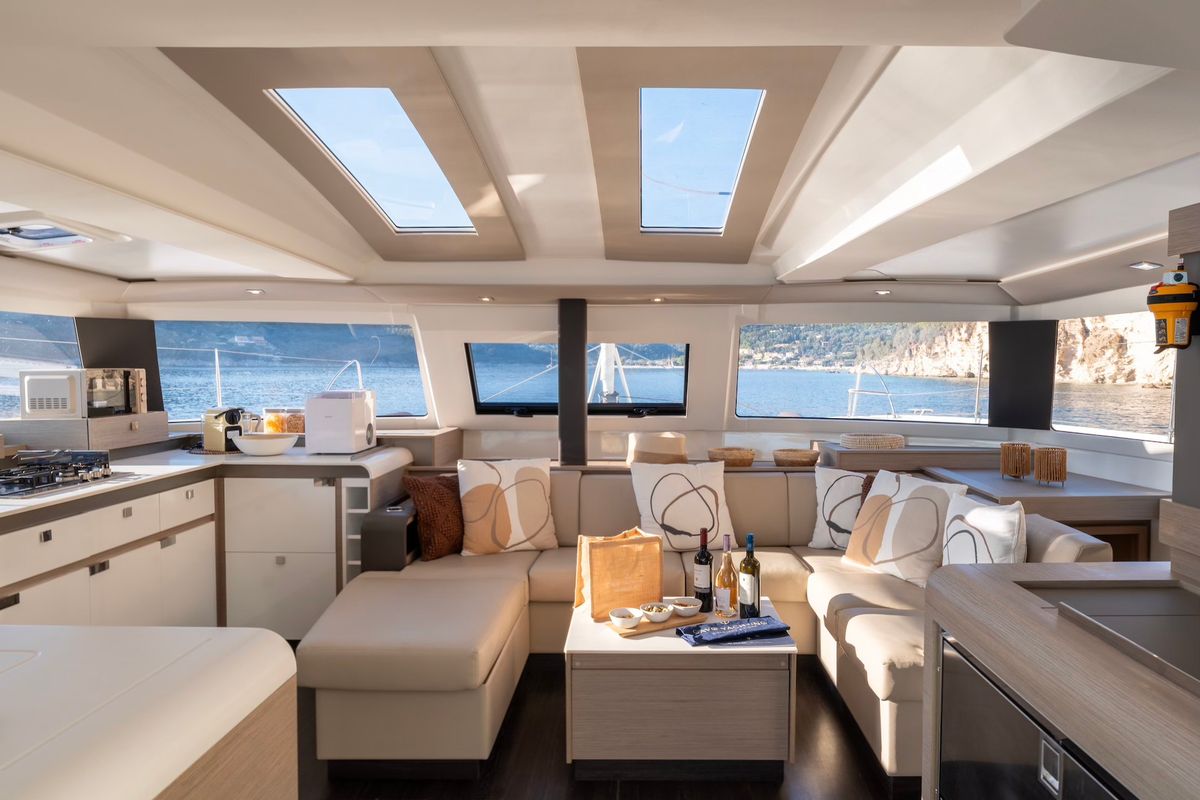 Salon of PHOEBE, a Fountaine Pajot Elba 45 catamaran at Municipal Unit of Lefkada, Greece