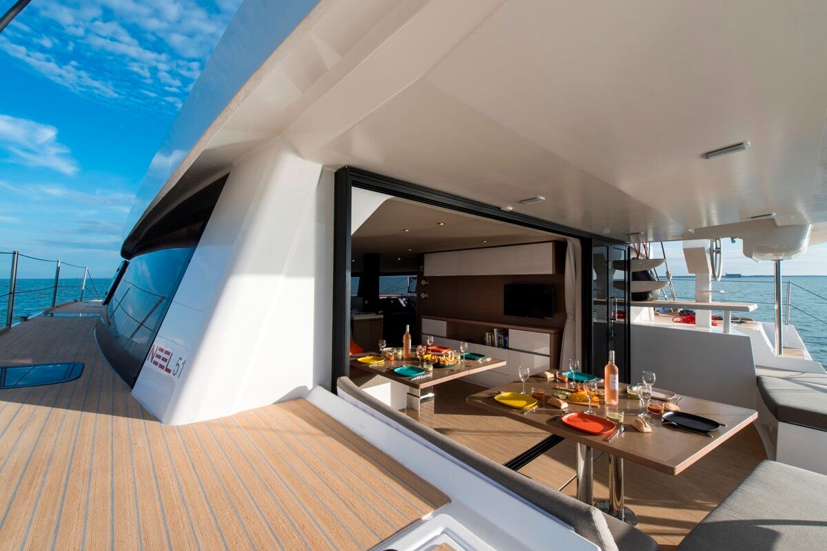 Deck of L'Octant, a NEEL 51 sailboat at Le Lamentin, France