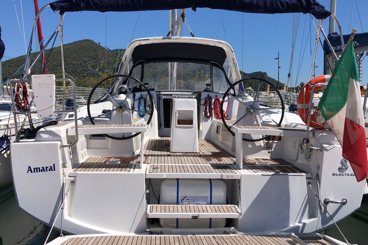 Exterior view of Amaral, a Beneteau Oceanis 38 sailboat at Salerno, Italy