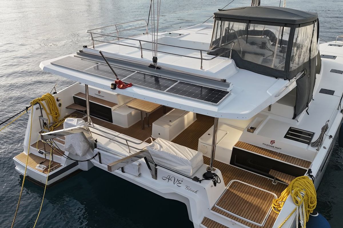 Exterior view of Ave, a Fountaine Pajot Elba 45 catamaran at Marmaris, Turkey