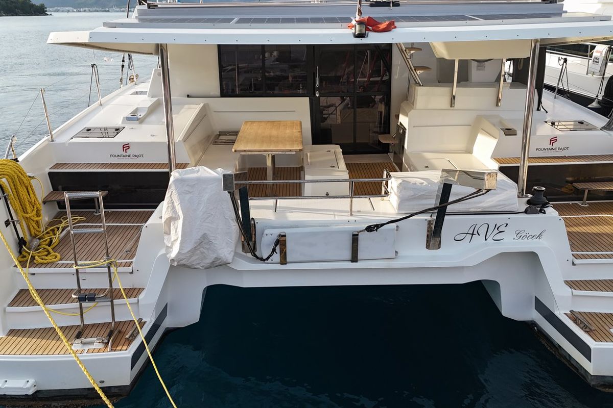 Deck of Ave, a Fountaine Pajot Elba 45 catamaran at Marmaris, Turkey