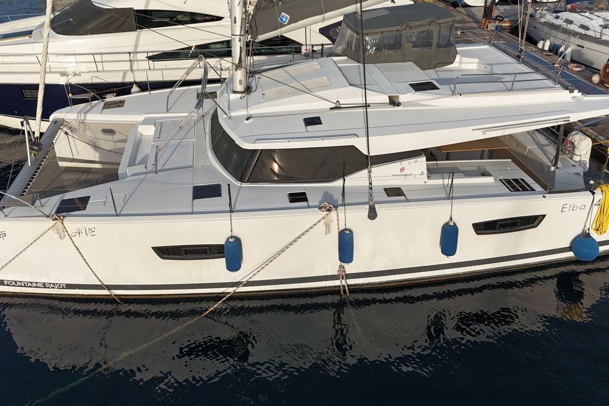 Exterior view of Ave, a Fountaine Pajot Elba 45 catamaran at Marmaris, Turkey