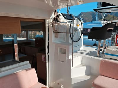 Cockpit of Shima, a Lagoon 40 catamaran at Marmaris, Turkey