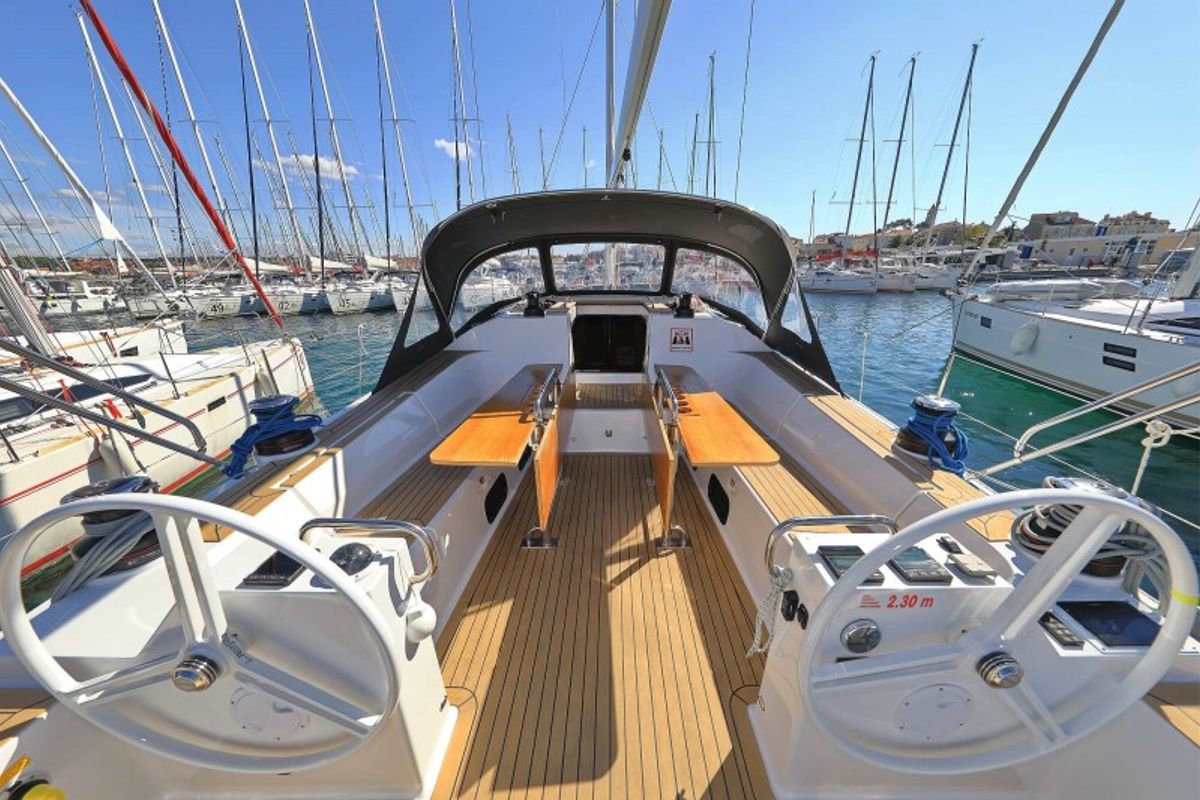Cockpit of Athena, a Elan Impression 50.1 sailboat at Grad Biograd na Moru, Croatia
