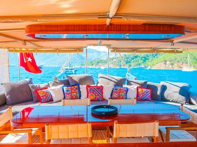 Deck of EYLUL 17, a Gulet Custom built 183 yacht at Bodrum, Turkey