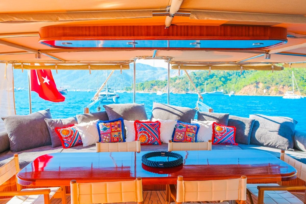 Deck of EYLUL 17, a Gulet Custom built 183 yacht at Bodrum, Turkey