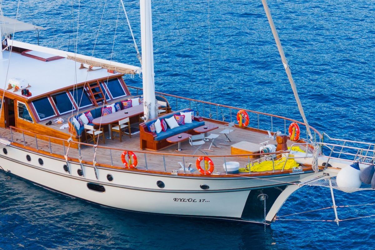 Exterior view of EYLUL 17, a Gulet Custom built 183 yacht at Bodrum, Turkey
