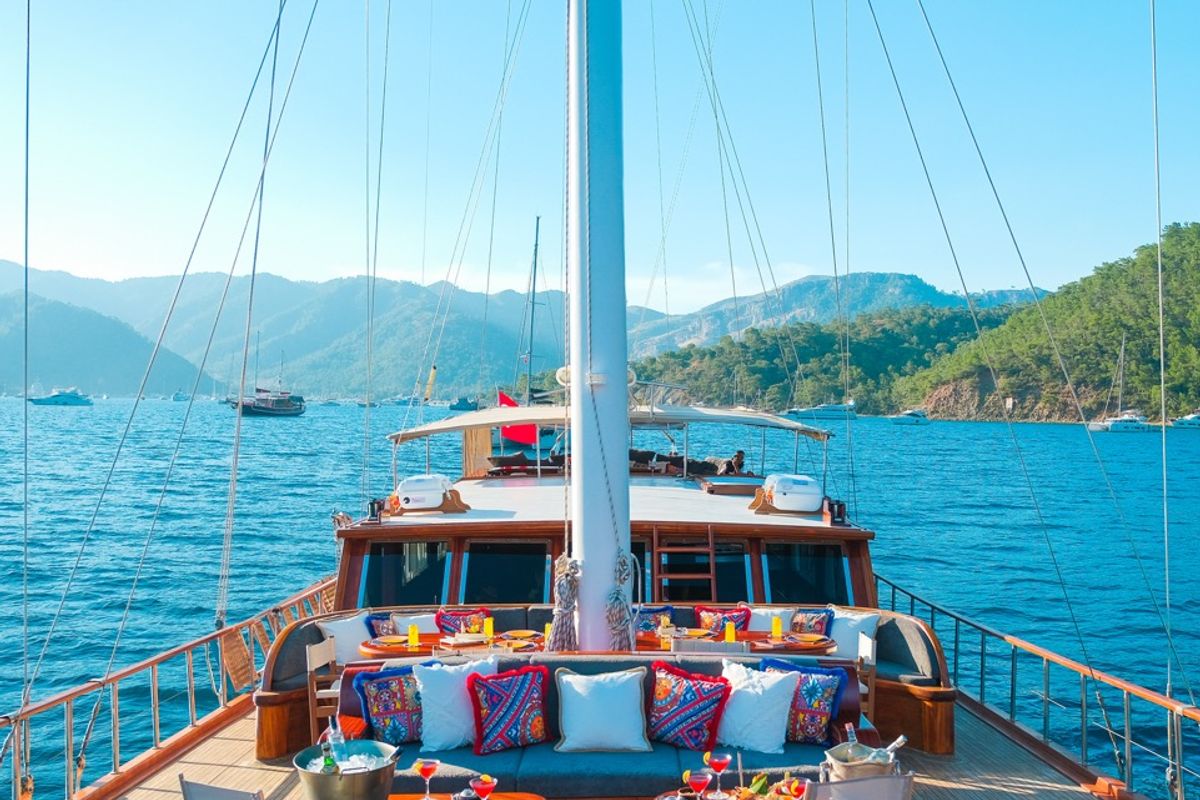 Deck of EYLUL 17, a Gulet Custom built 183 yacht at Bodrum, Turkey