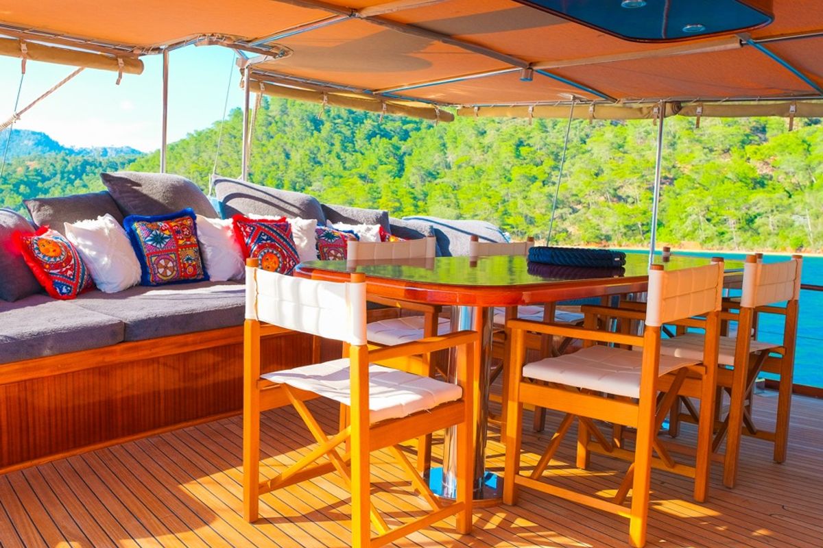 Deck of EYLUL 17, a Gulet Custom built 183 yacht at Bodrum, Turkey