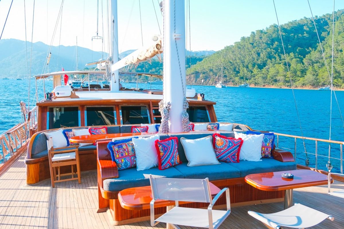 Deck of EYLUL 17, a Gulet Custom built 183 yacht at Bodrum, Turkey