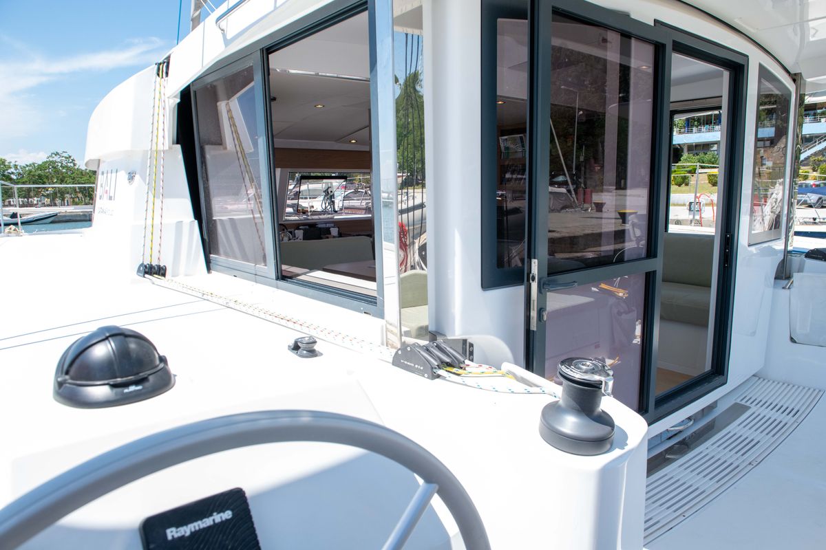 Cockpit of Ela Thalassa III, a Bali Catsmart catamaran at Municipal Unit of Lefkada, Greece