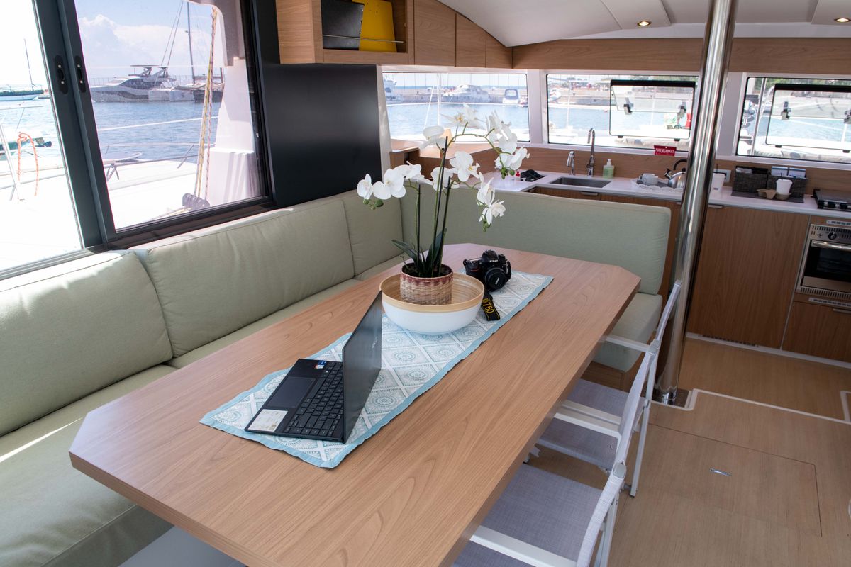 Salon of Ela Thalassa III, a Bali Catsmart catamaran at Municipal Unit of Lefkada, Greece