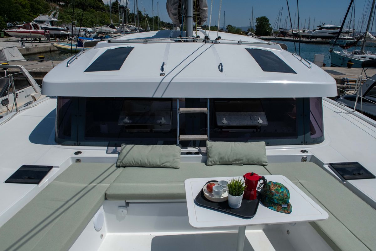 Deck of Ela Thalassa III, a Bali Catsmart catamaran at Municipal Unit of Lefkada, Greece