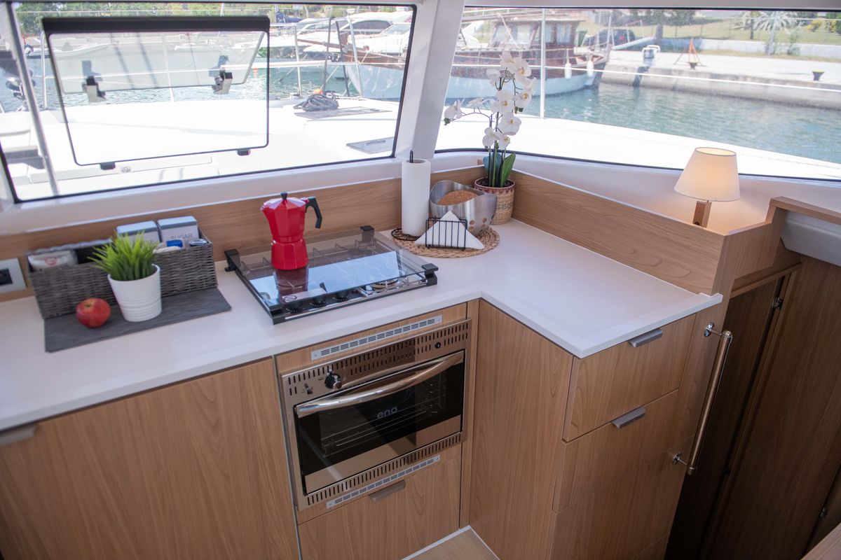 Galley of Ela Thalassa III, a Bali Catsmart catamaran at Municipal Unit of Lefkada, Greece