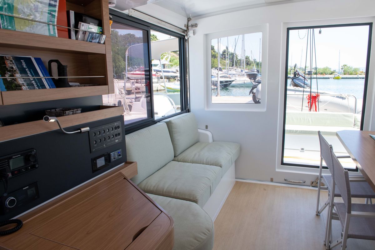 Salon of Ela Thalassa III, a Bali Catsmart catamaran at Municipal Unit of Lefkada, Greece