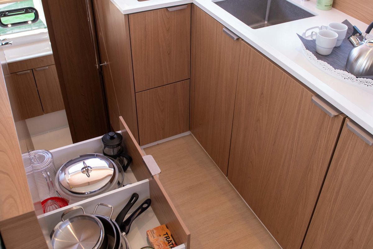 Galley of Ela Thalassa III, a Bali Catsmart catamaran at Municipal Unit of Lefkada, Greece