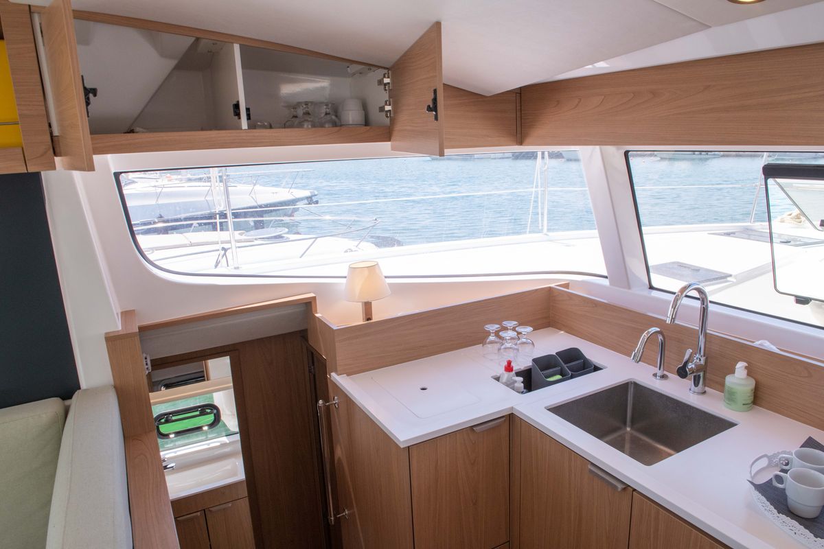 Galley of Ela Thalassa III, a Bali Catsmart catamaran at Municipal Unit of Lefkada, Greece