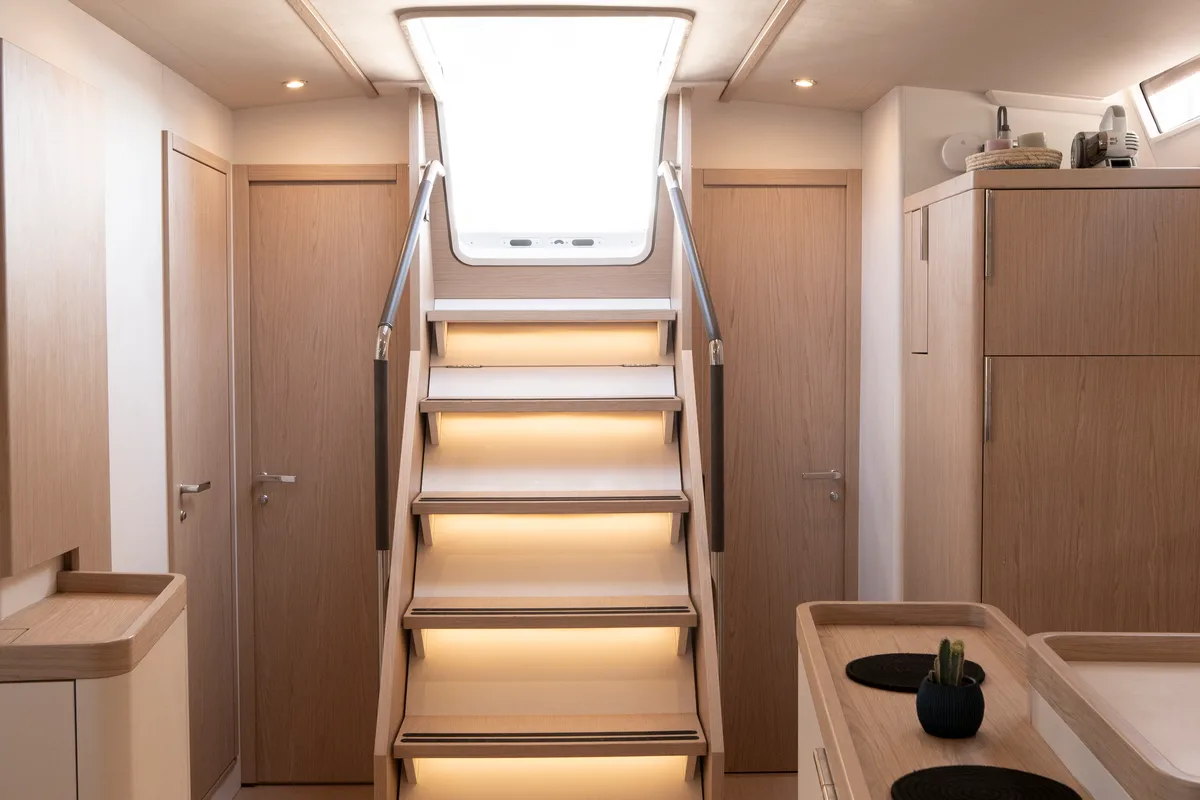 Salon of Izanami, a Beneteau First Yacht 53 sailboat at Lavreotiki Municipal Unit, Greece