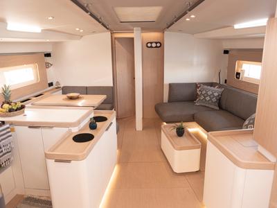 Salon of Izanami, a Beneteau First Yacht 53 sailboat at Lavreotiki Municipal Unit, Greece