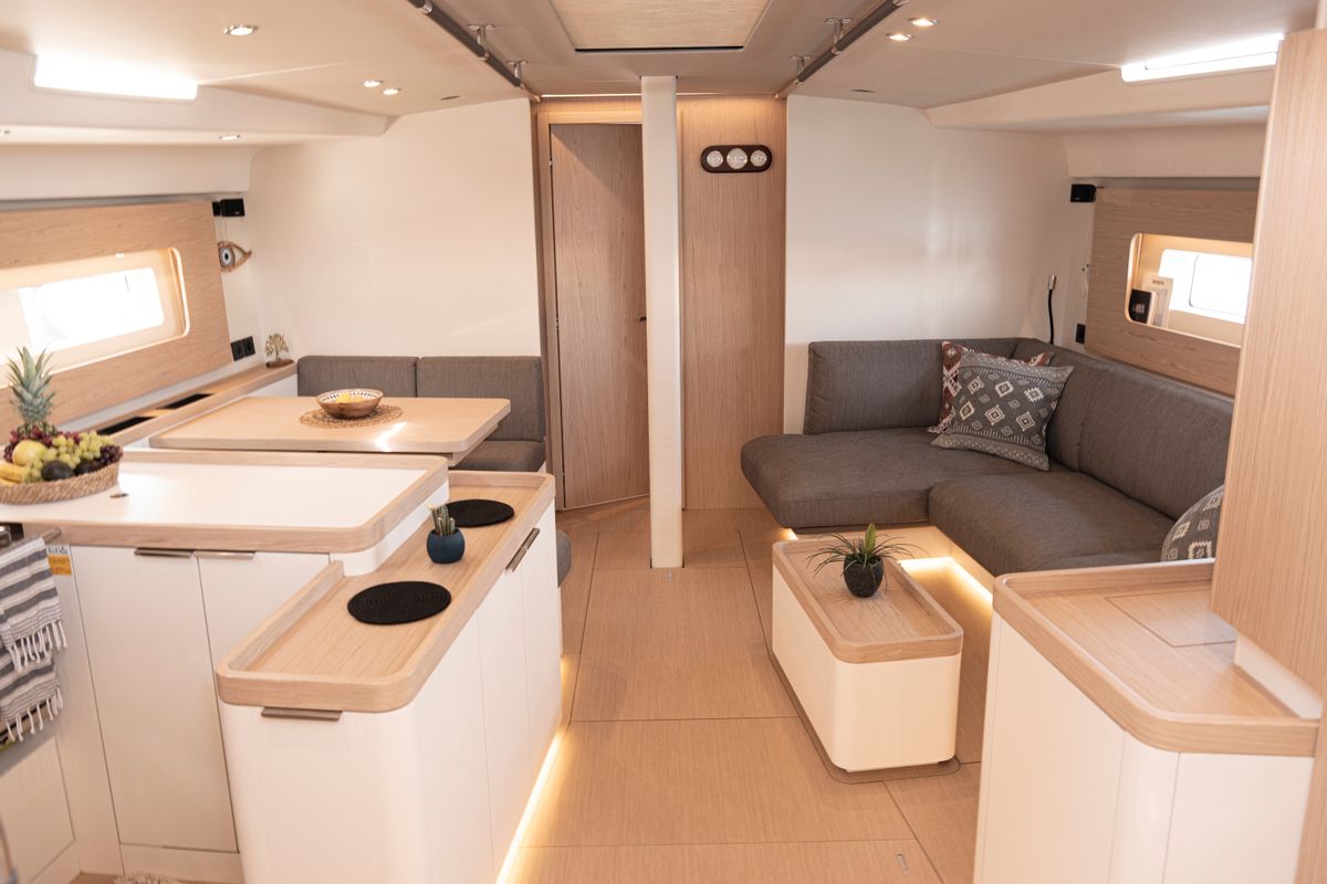 Salon of Izanami, a Beneteau First Yacht 53 sailboat at Lavreotiki Municipal Unit, Greece