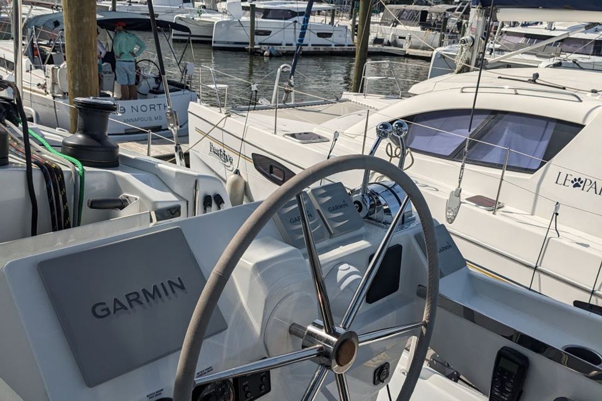 Cockpit of Zensation, a Fountaine Pajot Tanna 47 catamaran at Chesapeake, United States