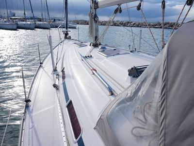 Deck of Konstantinos, a Bavaria 36 sailboat at Municipal Unit of Lefkada, Greece