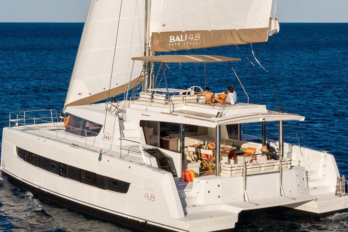 Exterior view of Bali, a Bali 4.8 catamaran at Fethiye, Turkey
