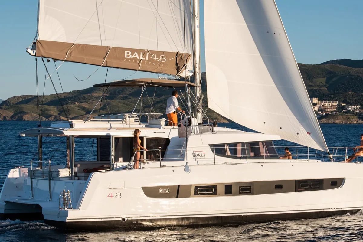 Exterior view of Bali, a Bali 4.8 catamaran at Fethiye, Turkey