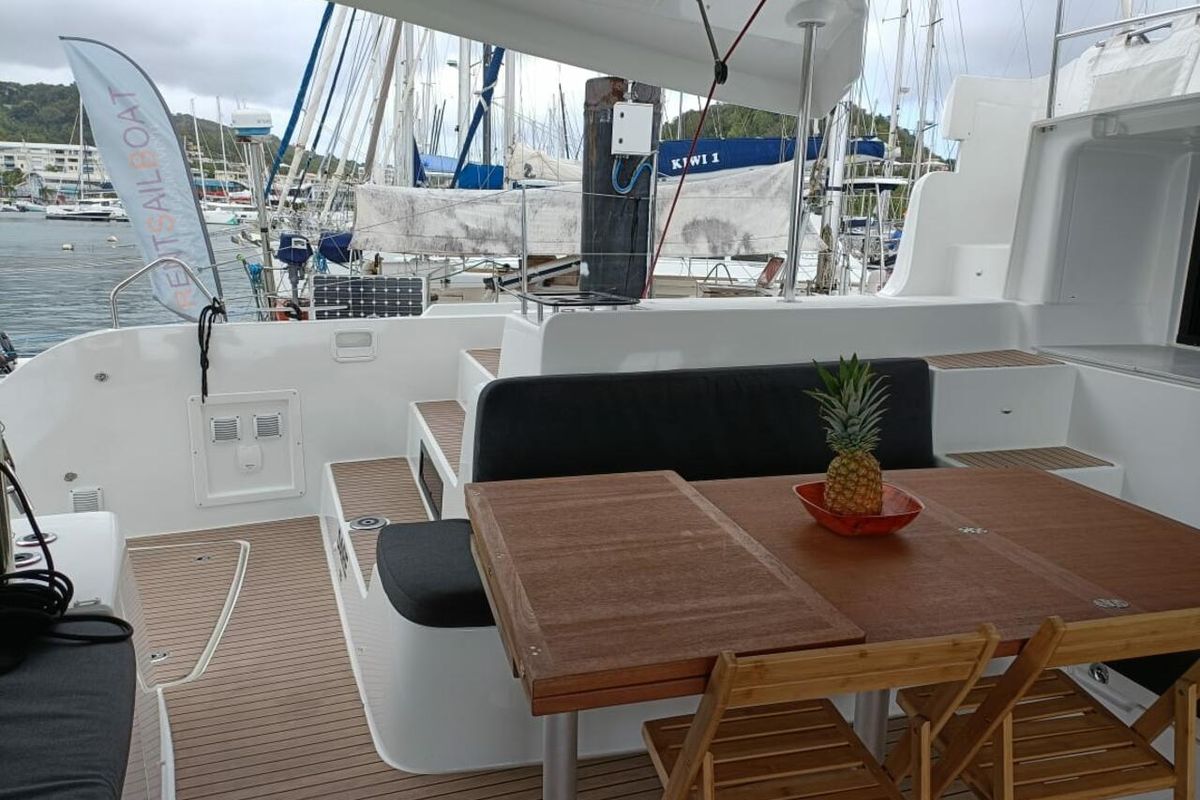 Deck of Dare, a Lagoon 46 catamaran at Le Marin, France