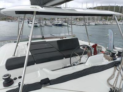 Cockpit of Dare, a Lagoon 46 catamaran at Le Marin, France