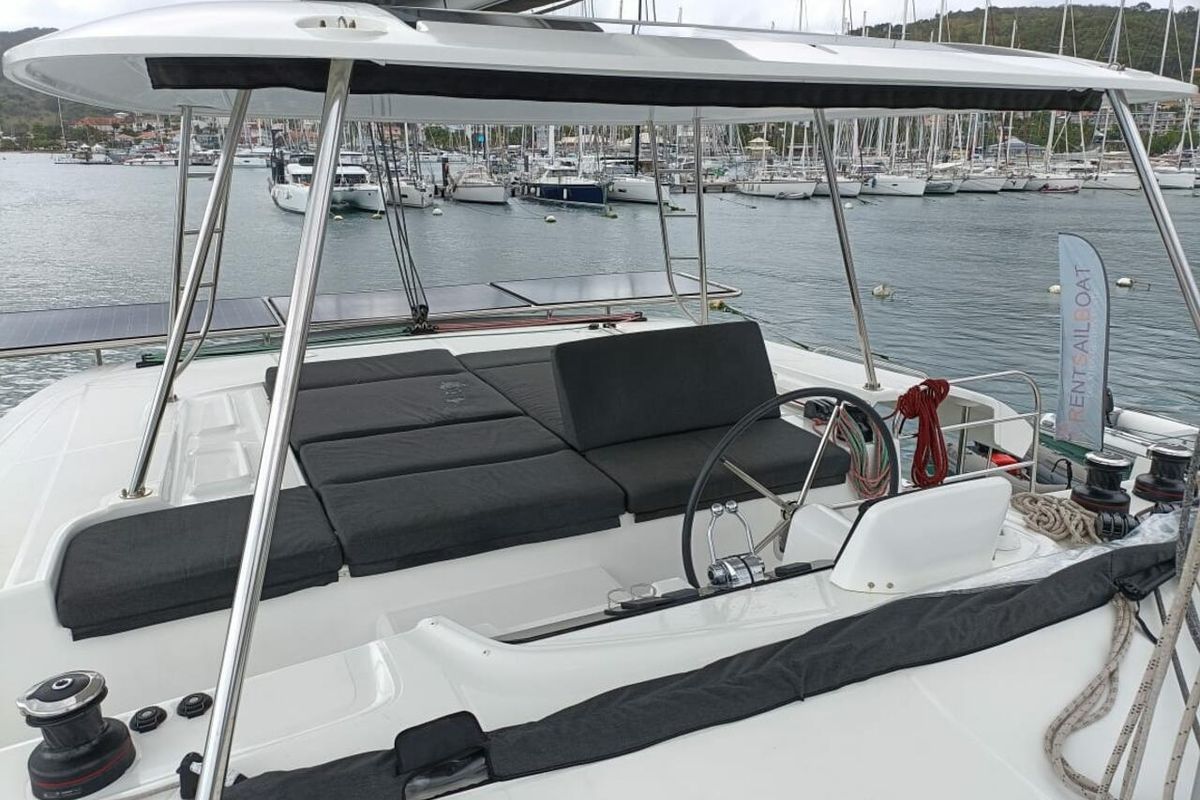 Cockpit of Dare, a Lagoon 46 catamaran at Le Marin, France