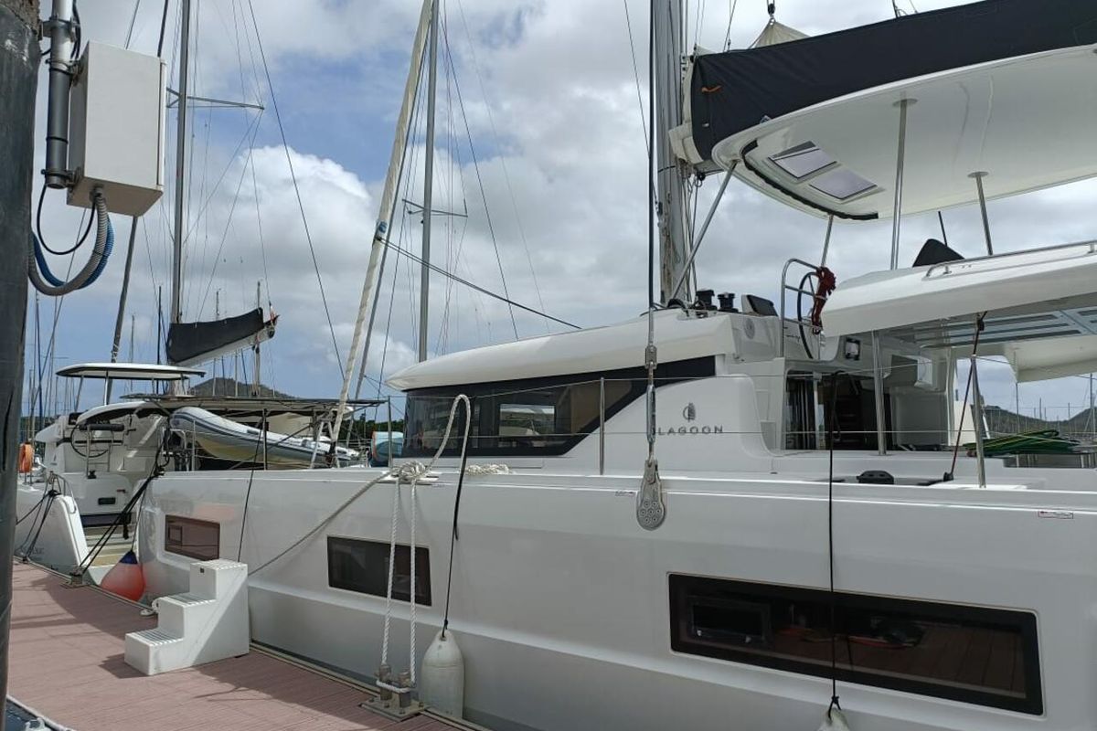 Exterior view of Dare, a Lagoon 46 catamaran at Le Marin, France