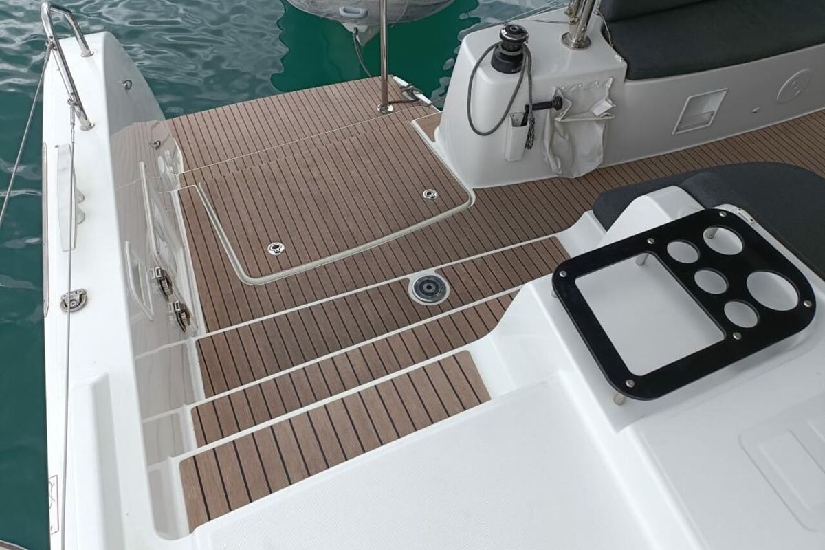 Deck of Dare, a Lagoon 46 catamaran at Le Marin, France