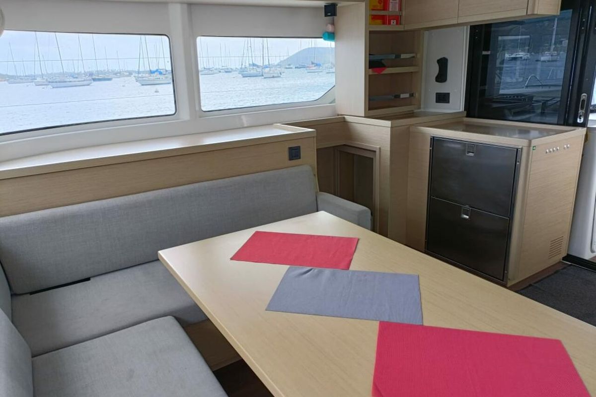 Salon of Dare, a Lagoon 46 catamaran at Le Marin, France