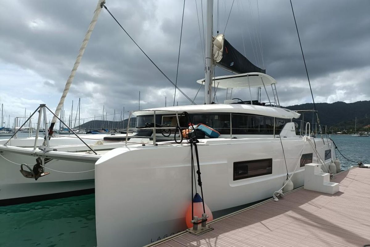 Exterior view of Dare, a Lagoon 46 catamaran at Le Marin, France