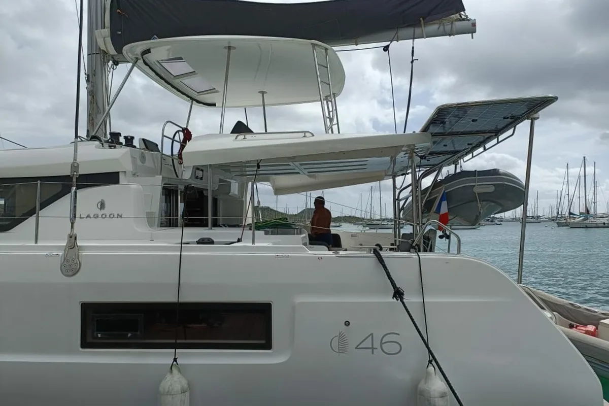 Exterior view of Dare, a Lagoon 46 catamaran at Le Marin, France