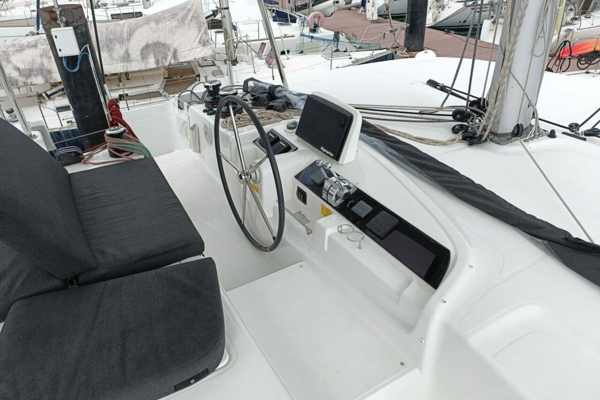Cockpit of Dare, a Lagoon 46 catamaran at Le Marin, France