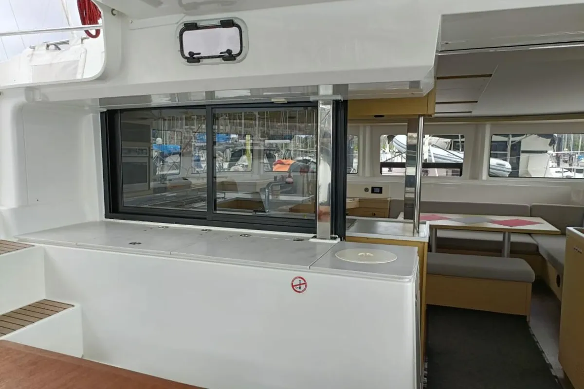 Deck of Dare, a Lagoon 46 catamaran at Le Marin, France