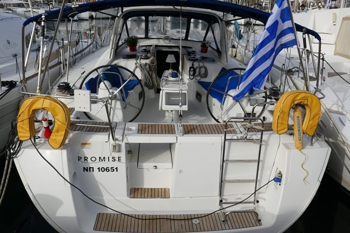 Cockpit of Promise, a Beneteau Oceanis 50 sailboat at Lavreotiki Municipal Unit, Greece